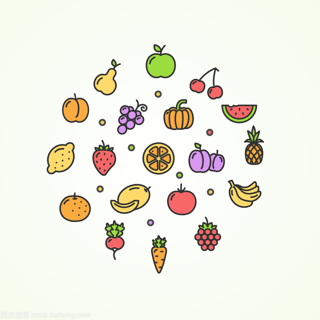 水果和蔬菜圆设计模板细线图标。矢量
